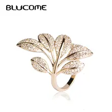 Blucome Весна микро-паве циркон кольцо дерево цветок лист Форма кольца для Для женщин Медь золото Цвет вечерние ювелирные украшения anillo