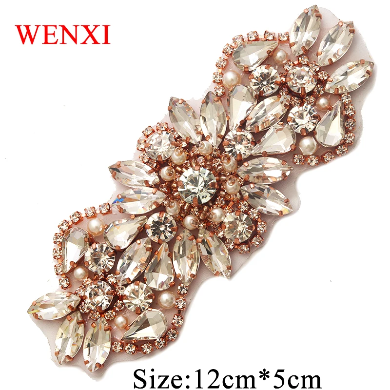 

WENXI 30PCS 12*5CM Clear Rose Gold Rhinestones Appliques Patch Sew On Bridal Sash Rhinestones Appliques Accessory WX847