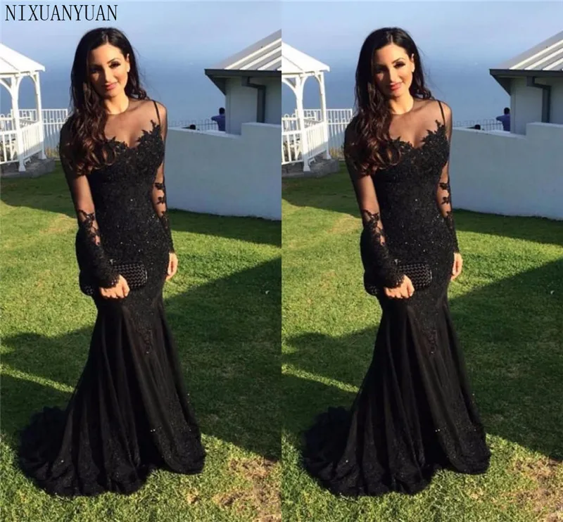 Generous Black Mermaid Evening Dresses 2019 Long Sleeved Prom Dress Galajurk Robe De Soiree Sheer Formal Party Gowns Generous Black Mermaid Evening Dresses 2019 Long Sleeved Prom Dress Galajurk Robe De Soiree Sheer Formal Party Gowns