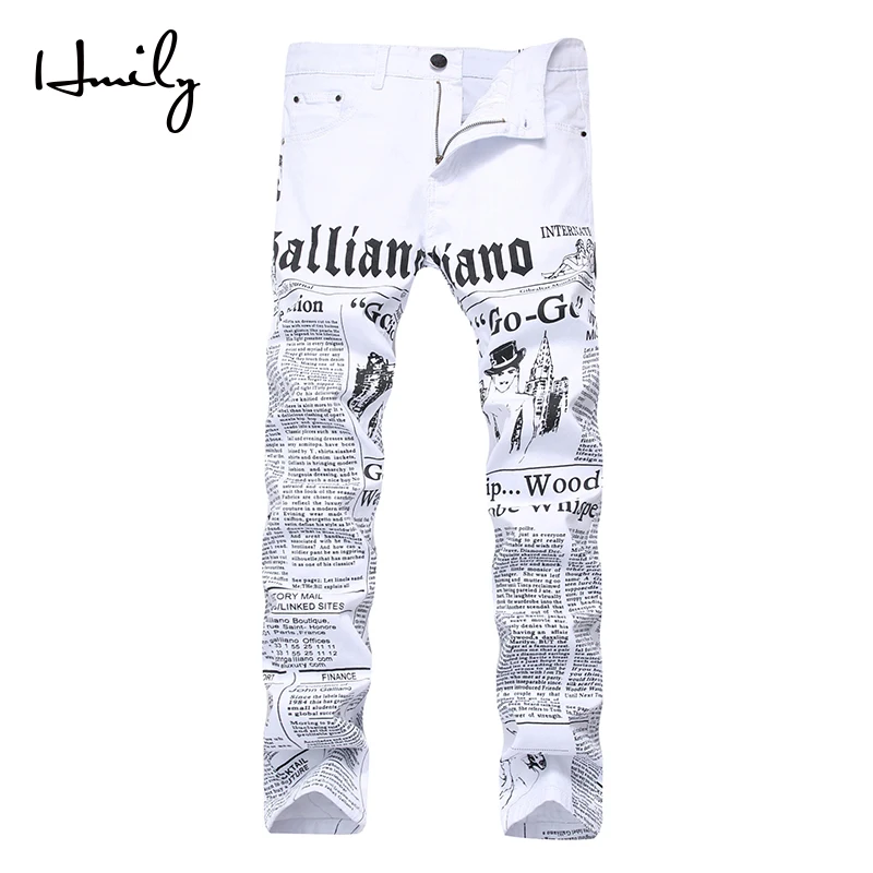 HMILY High Street Fashion Mens Jeans Night Club White Color Personal Designer Printed Men Punk Pants Skinny Hip Hop | Мужская одежда