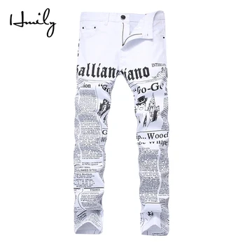 

HMILY High Street Fashion Mens Jeans Night Club White Color Personal Designer Printed Jeans Men Punk Pants Skinny Hip Hop Jeans
