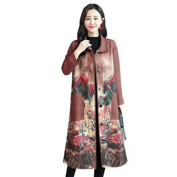 

Chamois Suede Trench Coat Women 2019 Autumn Winter Printed Windbreaker Long Coat Female Fashion Single-breasted Trench Coat