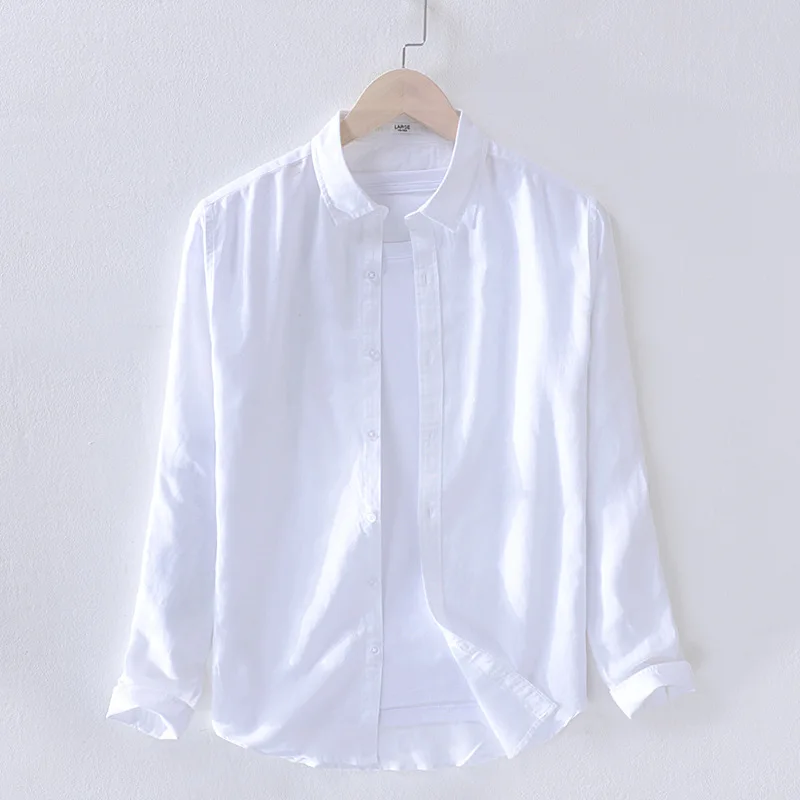 Мужская весенняя и осенняя Модная брендовая винтажная простая однотонная хлопковая льняная рубашка с длинными рукавами в японском стиле мужская повседневная тонкая рубашка