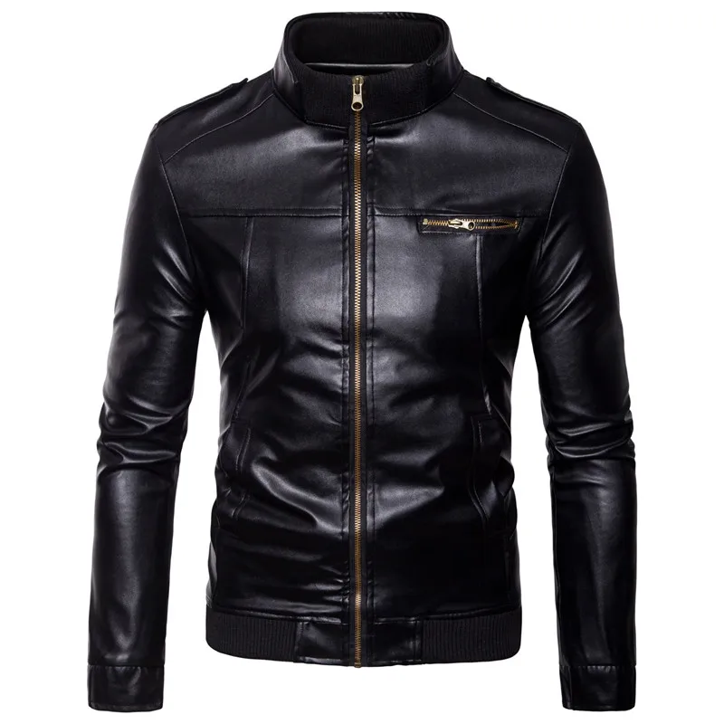  Leather jacket men's fashion horizontal zipper short slim leather jacket men's stand collar casual 