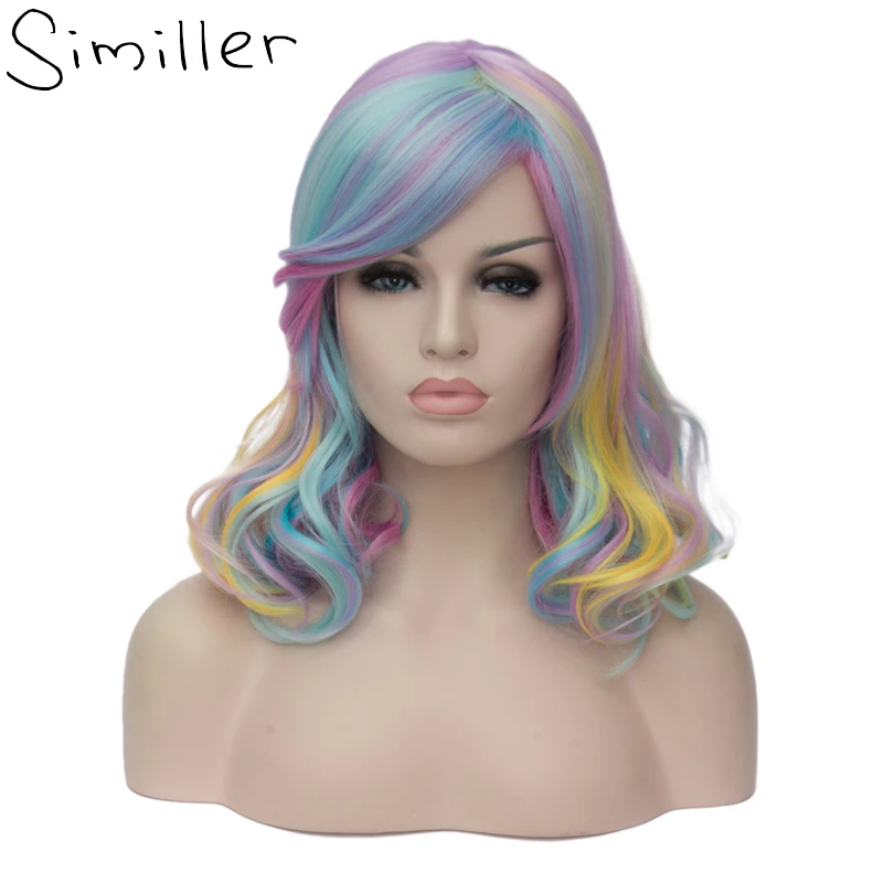 Скидка Similler 14 дюймов женский короткий костюм кудрявые радужные волосы Косплей вечерние синтетический парик + парик cap (многоцветный)