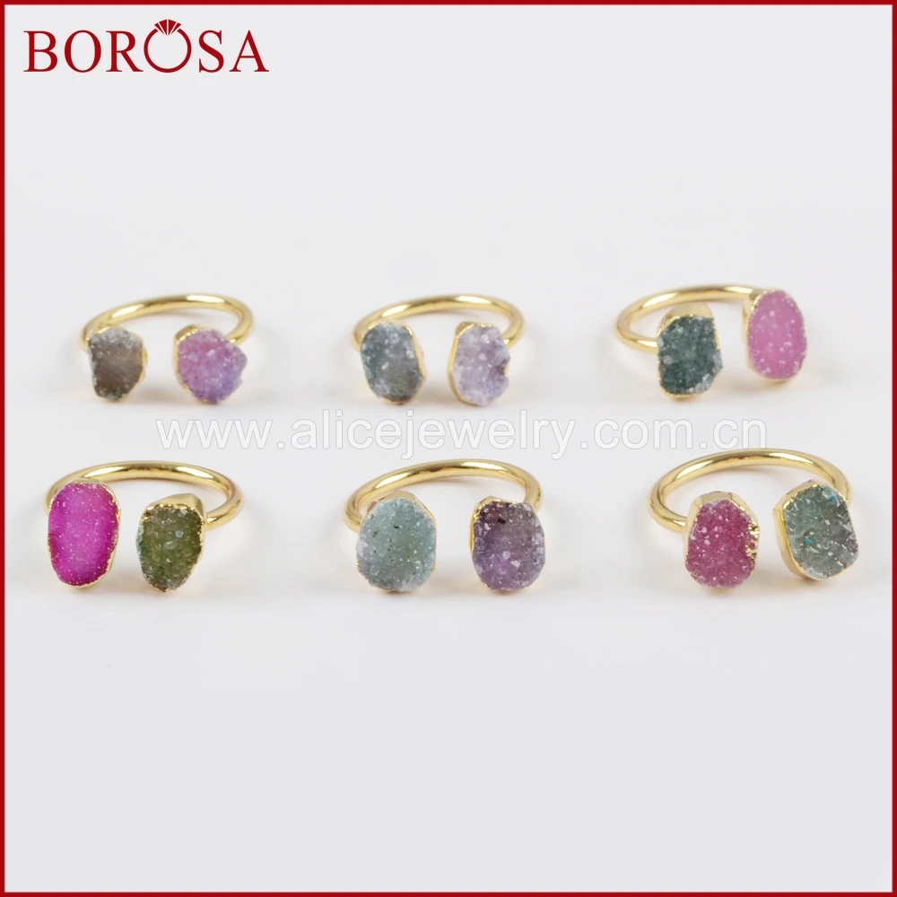 BOROSA 10 шт Новое прибытие двойное Druzy кольцо для женщин смешанные цвета золотой