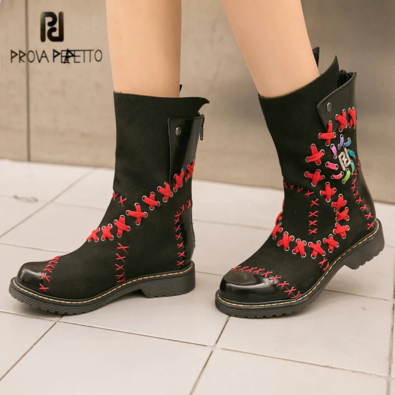 

Prova Perfetto Handmade Autumn Winter Women High Boots Retro Flat Riding Boot Female Platform Rubber Shoes Woman Botas Mujer