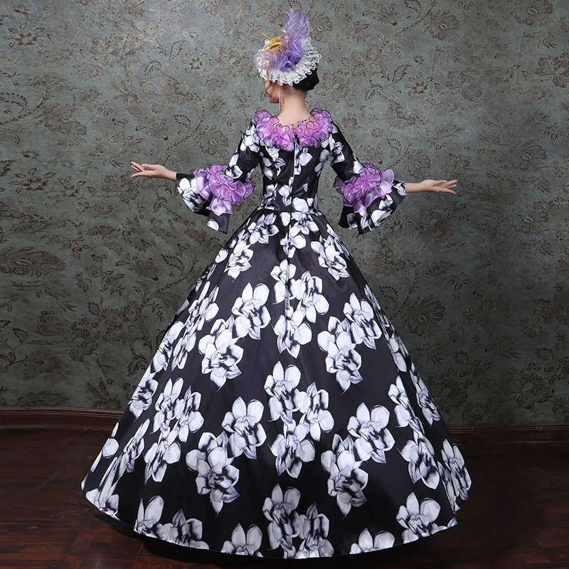 Flower Print Queen Renaissance Black Velvet Floral Brocade Ball Gown