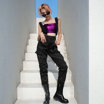 

Streetwear Strap Cargo Pants Capris Women Korean Fashion Black Pants Casual Loose High Waist Trousers Harajuku Jogger
