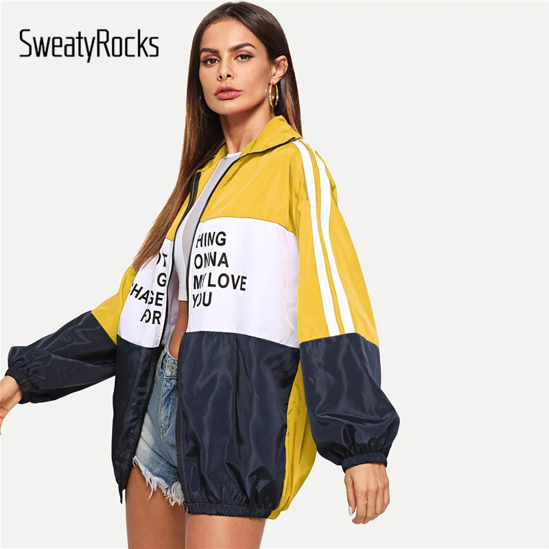 Best SweatyRocks Casual Zip Up Color Block Letter Print Jacket Long Sleeve Active Wear Jackets 2018 Autu