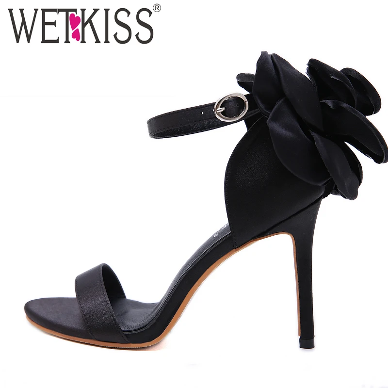 

WETKISS Thin High Heels Sandals Open Toe Women Footwear Appliques Party Shoes Female Satin Ankle Strap Shoes Woman Summer 2019