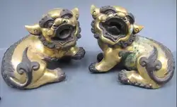 Китайский Royal 100% Pure Bronze 24 К золото фу Foo Dog Лев Пара статуя