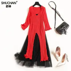 Shuchan модные, пикантные Женский комплект 2 шт. отверстие платье с рукавом три четверти + Сарафаны с бретели для нижнего белья черный по колено