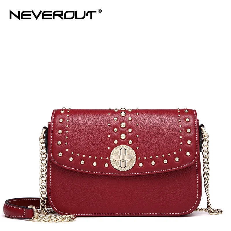 

NeverOut 2018 Women Genuine Leather Shoulder Sac Solid Rivet Messenger Bags Small Flap Handbags Ladies Brand New Cross body Bag