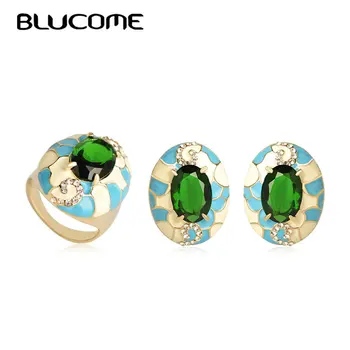 

Blucome 2018 New Dubai Style Green Hollow Out Plant Earrings Ring Set Women Party Party Wedding Commemoration Day Accessories