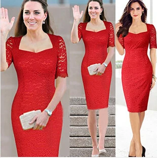 

S-XXL Red Garment 2014 New Women Summer Casual Dress Princess Kate Middleton Vestidos Vintage Lace Red Bodycon Party Dresses D56