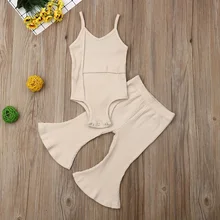 Комплект модной детской одежды, одноцветные костюмы для новорожденных боди для маленьких девочек топ без рукавов+ длинные брюки-клёш, комплекты со штанами