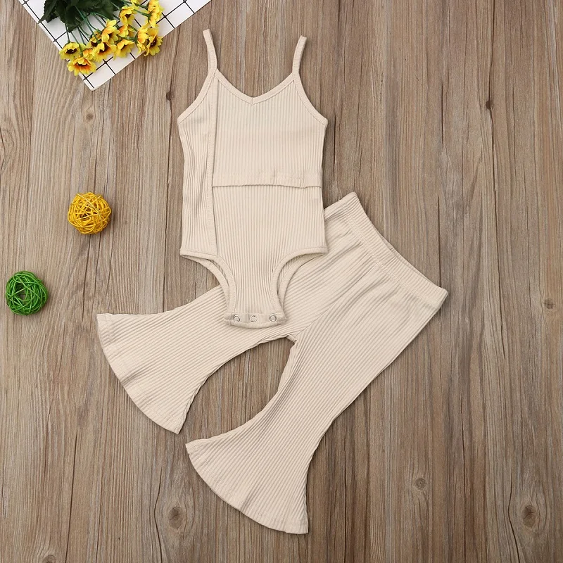 

Children Fashion clothing set New born Solid Body Suits Baby Girls Bodysuit Sleeveless Top+Long Bell Bottoms Pants Outfits