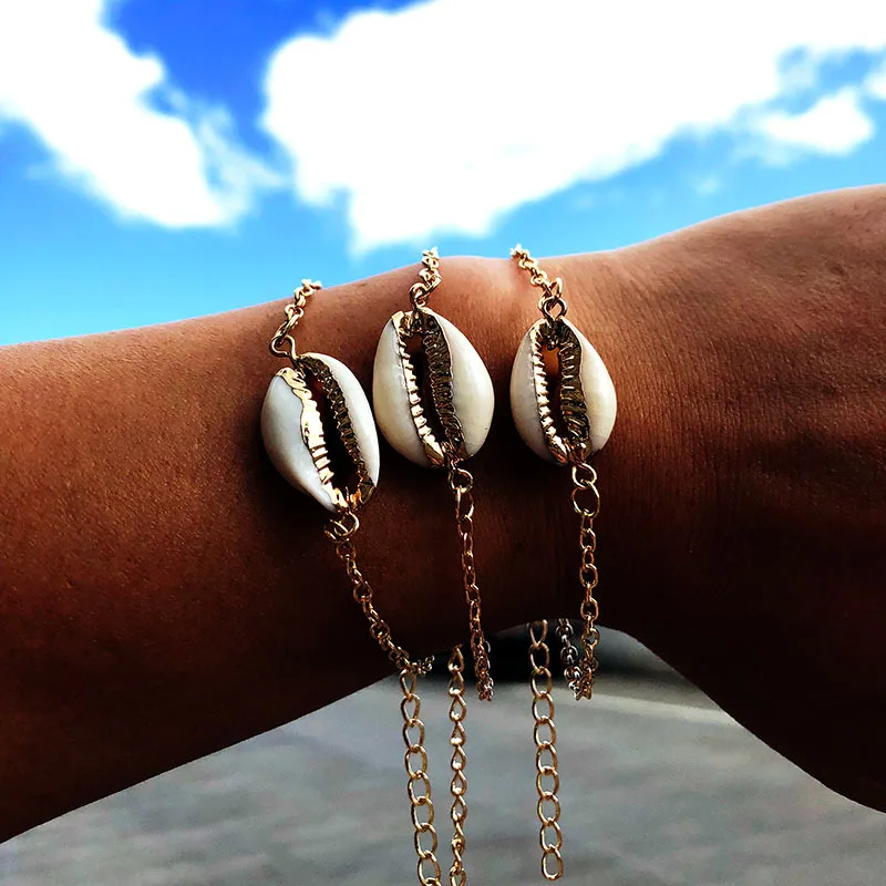 

pack of 3 beach bangle bracelet with faux shell in gold tone