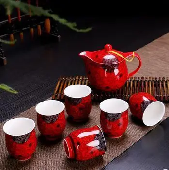 

Chinese wedding dowry red marry celebration new tea cup suit pot tea set kettle kung fu ceramic teapot tray teaset gift
