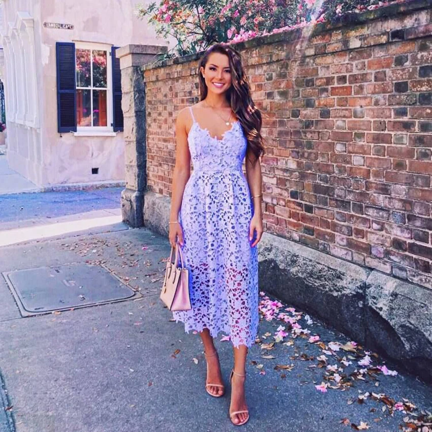 

2019 Sexy Blue Lace Party Skater Dress Women Hollow Out Nude Illusion A-Line Dresses Ladies Sleeveless Midi Beach Dress