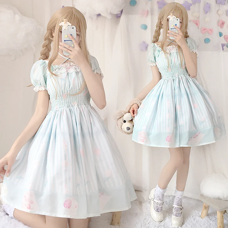 

Japanese sweet lolita dress vintage lace puff sleeve cute ptinting high waist victorian dress kawaii girl gothic lolita op loli