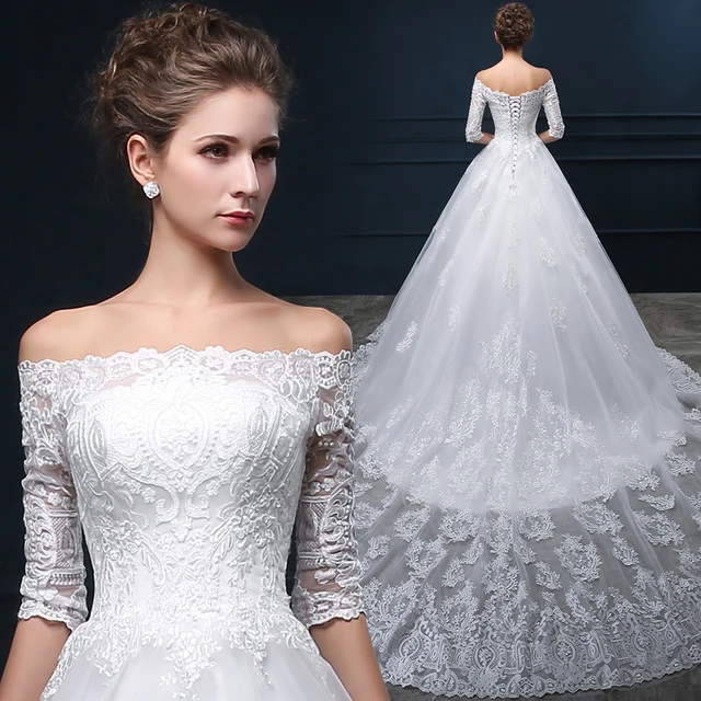 moderno 2017 fuera del hombro vestidos de novia de encaje con mangas