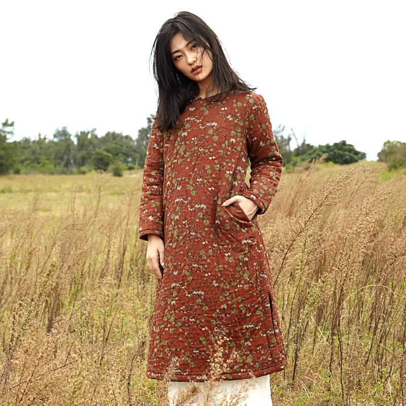 

SCUWLINEN 2019 Women Winter Dress Vintage Print Plate Buttons Long-sleeve Warm Linen Cotton Dress Long Chinese Style Parkas S717