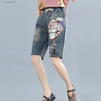 

Patchwork Cartoon Knee Length Denim Jean Pants 2019 Loose Streetwear Summer Elastic Waist Boyfriend Short Capris Jean Femme