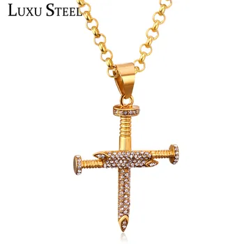

LUXUSTEEL Necklace Long Jewely Stainless Steel Screw Cross Pendant Necklace With Charm Crystal Lobster Clasp Wholesale Jewelry