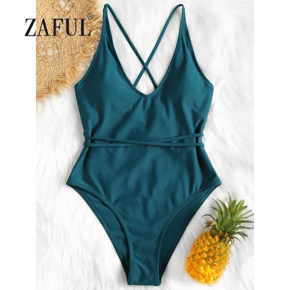ZAFUL Women Swimsuit Crisscross High Leg One Piece Swimwear Self Tie Padded Swimwear sexy Spaghetti Straps Solid Swimming Suit