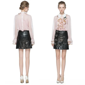 

2019 Autumn New Fashion Sets Bow PU Skirt + Sequined Applique Long Sleeve Peter Pan collar Shirt Suits Black / Pink color