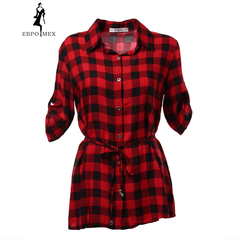 

EBPOMEX Summer fashion women blouses Cotton Scottish style women blouses women Plaid pattern women tops