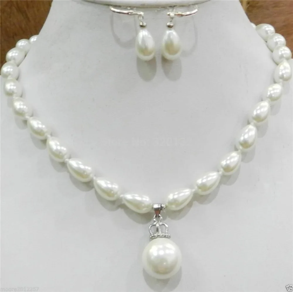 

Nobility jewelry new 9x13mm White Teardrop Shell Pearl 16mm Pendant Necklace Earring Wholesale Plated gold Jewelry silver hook
