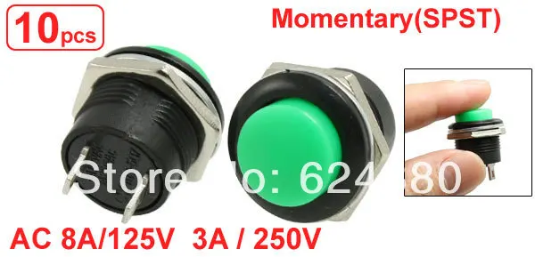 

10 Pcs x AC 125V/8A 250V/3A 6V 9V 12V 24V Green Round Momentary Push Button Switch 2 Pin SPST OFF/(ON) NO N/O Normally Open