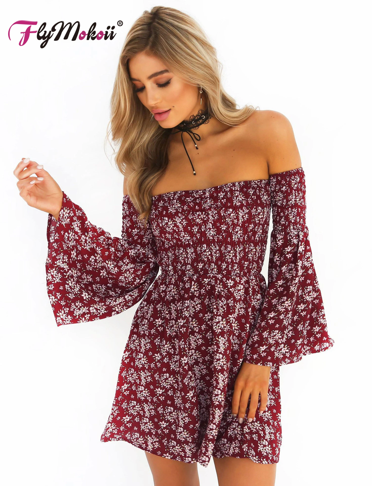 

Flymokoii Women Casual Summer Dress Plus Size Elegant Off Shoulder Floral Ladies Dresses Boho Beach Dress Long Sleeve