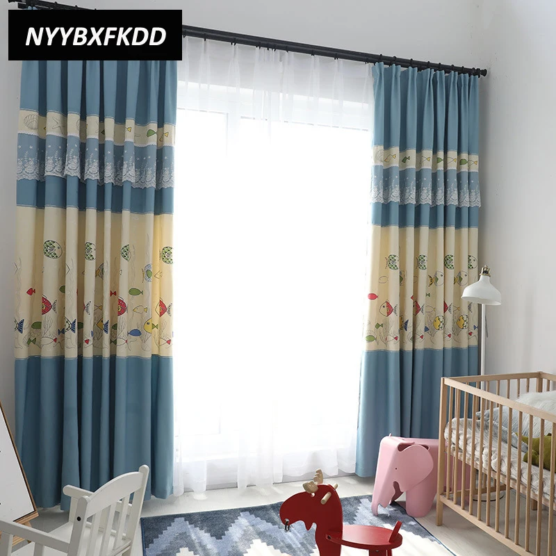 

Cartoon Fish Lace Stitching Blackout Curtains Cloth Window Curtain For Children Living Room Bedroom Modern Home Decor