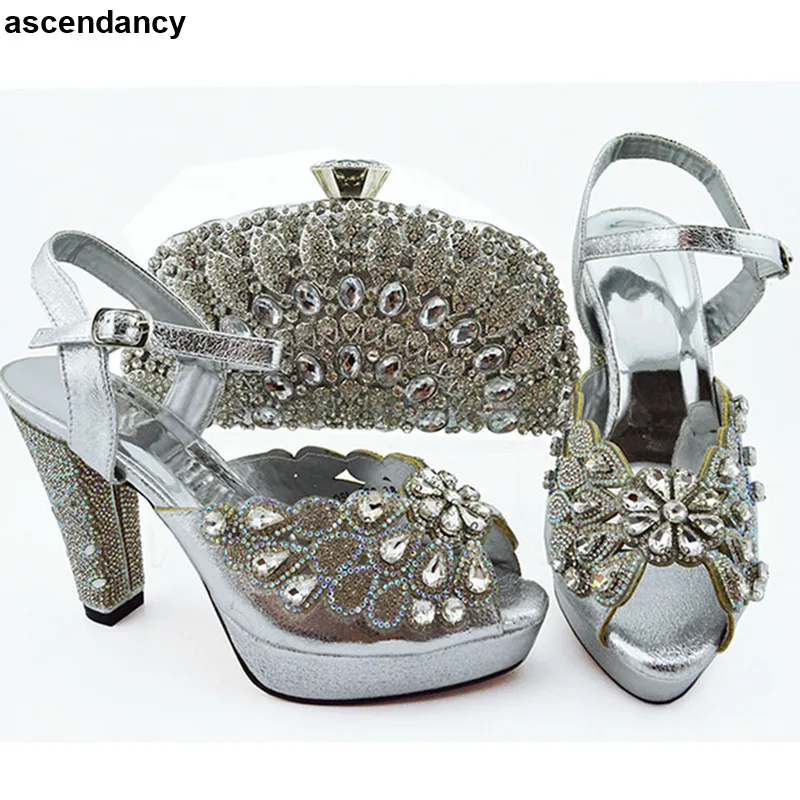 

New Arrival African Woen Shoes and Bag Set Decorated with Rhinestone Luxury Shoes Women Designers Shoe and Bag for Nigeria Party