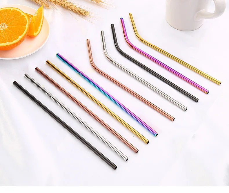 

2pcs/lot Rainbow Color Stainless Steel Straw Set Mirror Polished Sucker Beverages Curved Straw Drinks Straight Straw PB 002
