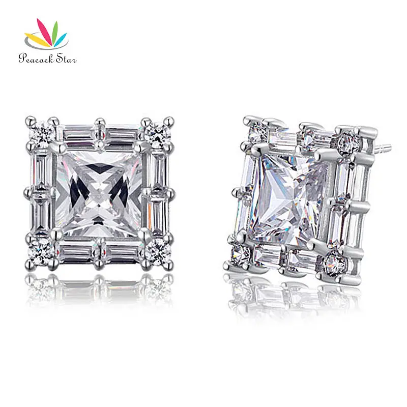Peacock Star 2 Carat Princess Cut Simulated Diamond Solid 925 Sterling Silver Stud Earrings Jewelry CFE8035