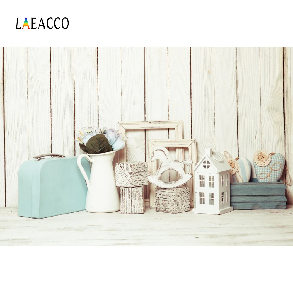 

Laeacco Gray Wood Backgrounds Baby Toys Flowers Vase Suitcase Baby Newborn Party Portrait Photography Backdrops For Photo Studio
