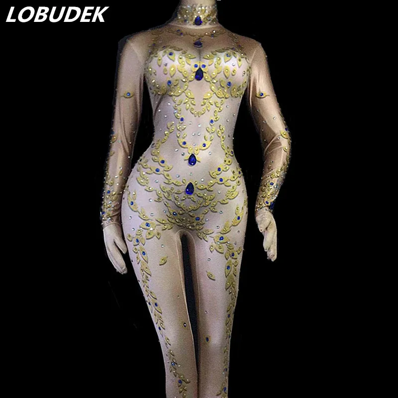 

Leaves Printing Rhinestones Nude Color Elastic Jumpsuit Nightclub Bar Women Dancer Pole Dancing Costume Acrobatics Show Clothing