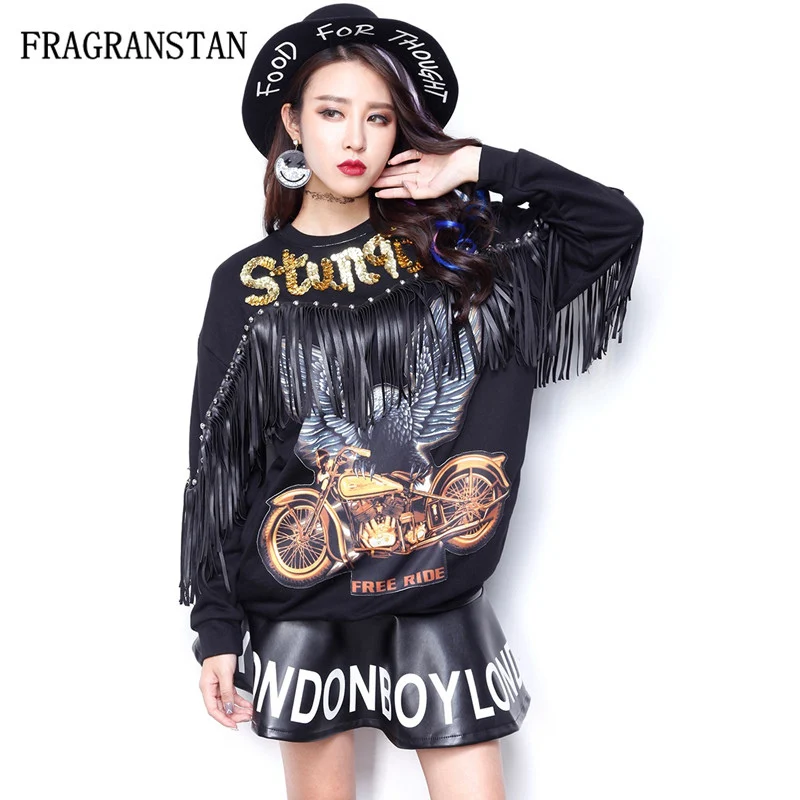 

Spring Autumn Women Letter Eagle Pattern Printed Sweatshirts Sequins Tassels Punk Style Female Fashion Cotton Black New Top Q210