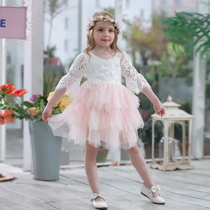 Retail 3/4 Sleeve Lace Dress for Girls Sequins Top Tutu Gauze Princess
