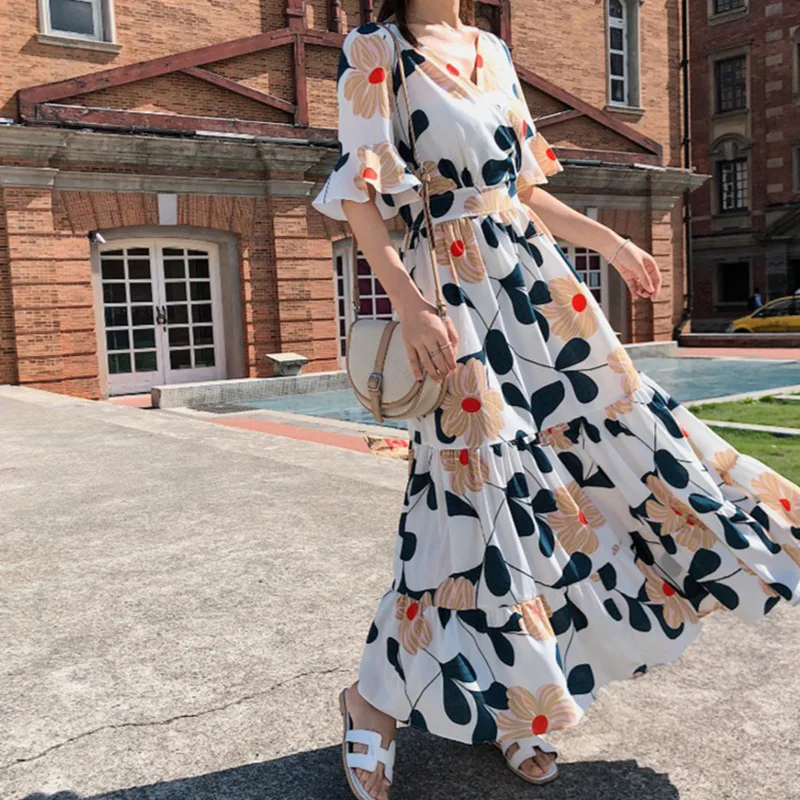 

Bohemian Chiffon Maxi Dress Women Summer Robe Stitching Print Long Beach Dress V Neck Elastic Waist Party Dress