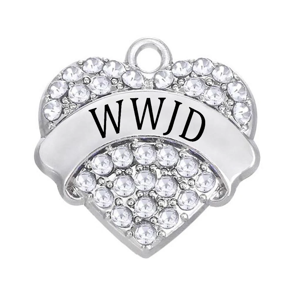 New hot English abbreviation WWJD heart-shaped crystal inlaid metal charm pendant meaning What Would Jesus Do | Украшения и