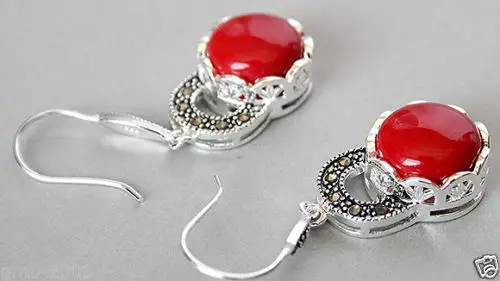 

FREE SHIPPING>>> noble and elegant 925 Sterling Silver Jewelry Red Coral Marcasite Earrings 14/5