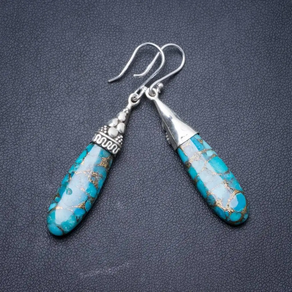 

Natural Turquoise Handmade Unique 925 Sterling Silver Earrings 2" Y3084