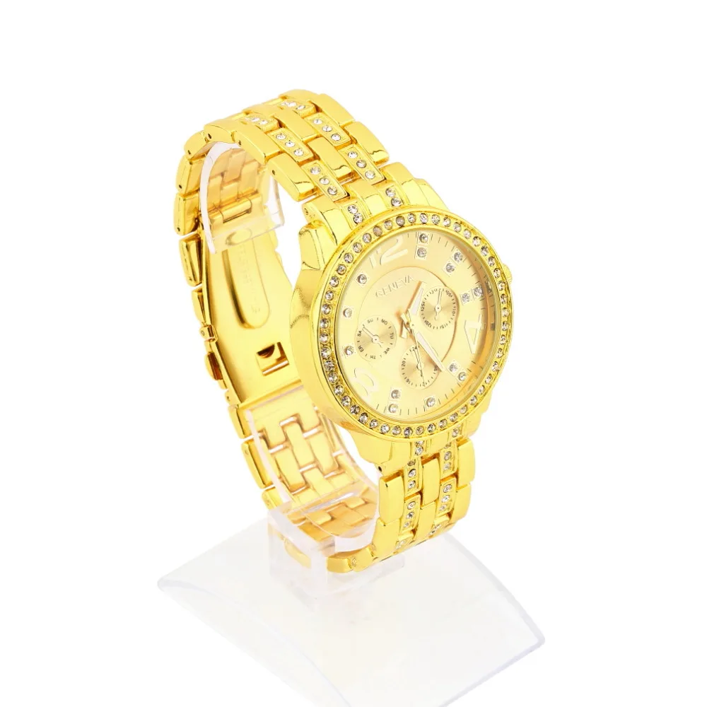 

1Pcs Women's Men Unisex Alloy Quartz Rhinestone Gold Luxury Quartz Wrist Watch relogio