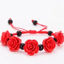 Модный тонкий китайский счастливый браслет из киноварной розы, красная веревочная цепь с маленькими черными шариками, браслет для женщин и девушек, ювелирные изделия